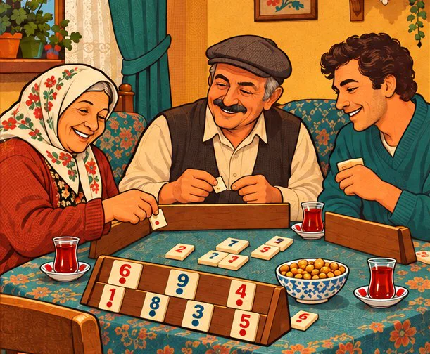 Evde okey masasında oynayan üç arkadaş