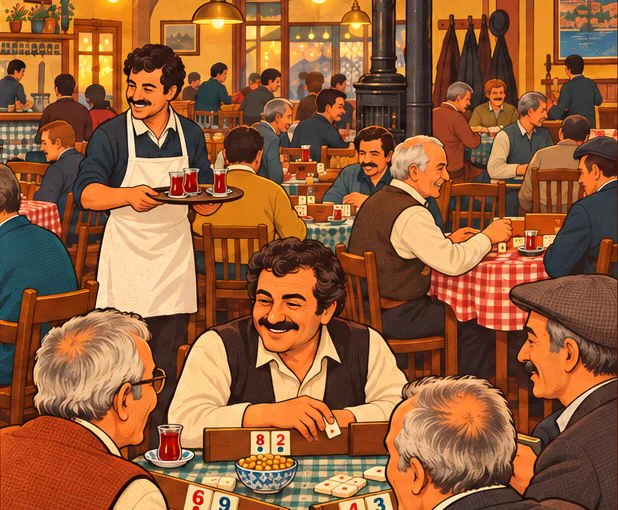 Kalabalık bir kıraathanede okey oynayanlar